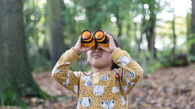 Child exploring woodland, looking up at the tree canopy through binoculars